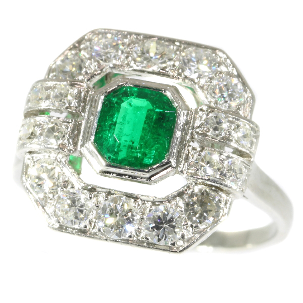 French estate engagement ring platinum diamonds and Brasilian emerald